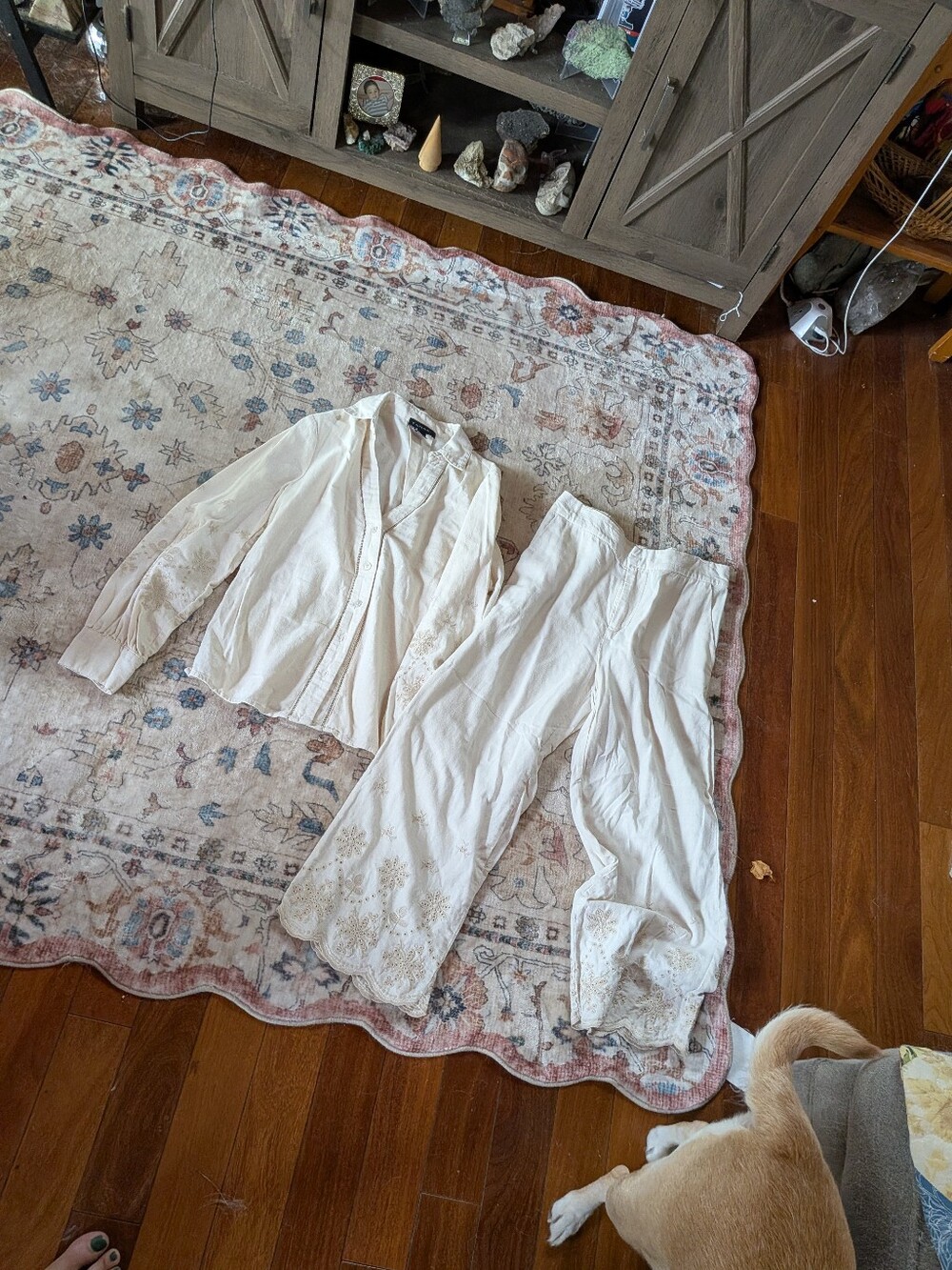 Cream Embroidered Two-Piece Set - Top & Wide Leg Pants